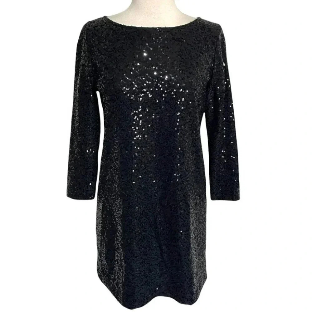 Tahari XS Black full sequined long sleeve dress